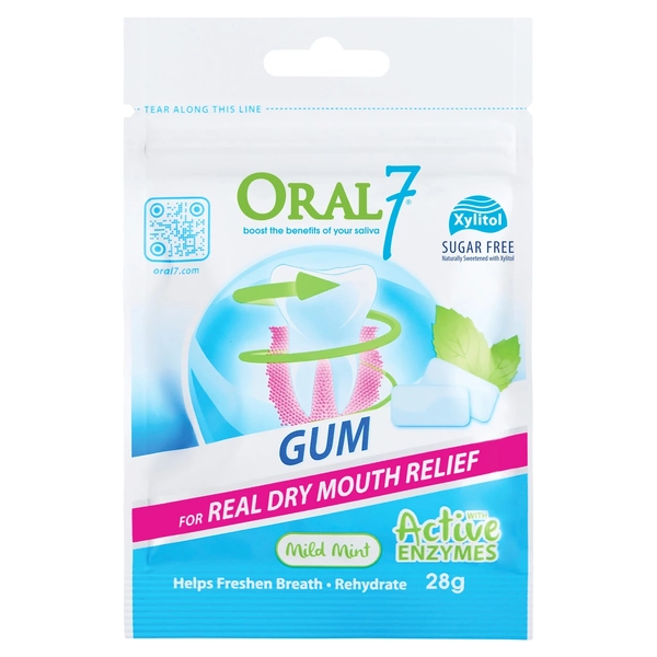 Oral 7 Dry Mouth Gum With Active Enzymes Mild Mint 28g