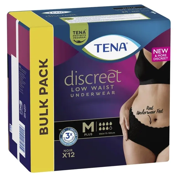 Tena Discreet Low Waist Underwear Black 12 Disposable Pants - Medium