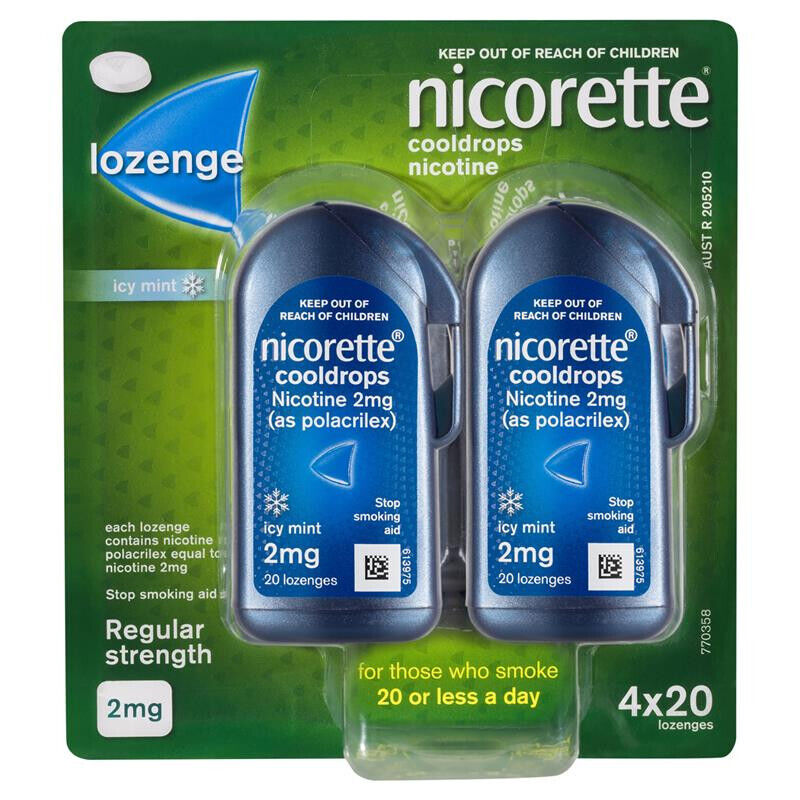 Nicorette Cooldrops Lozenge Icy Mint Regular Strength 2mg 4 x 20 (80) Lozenges
