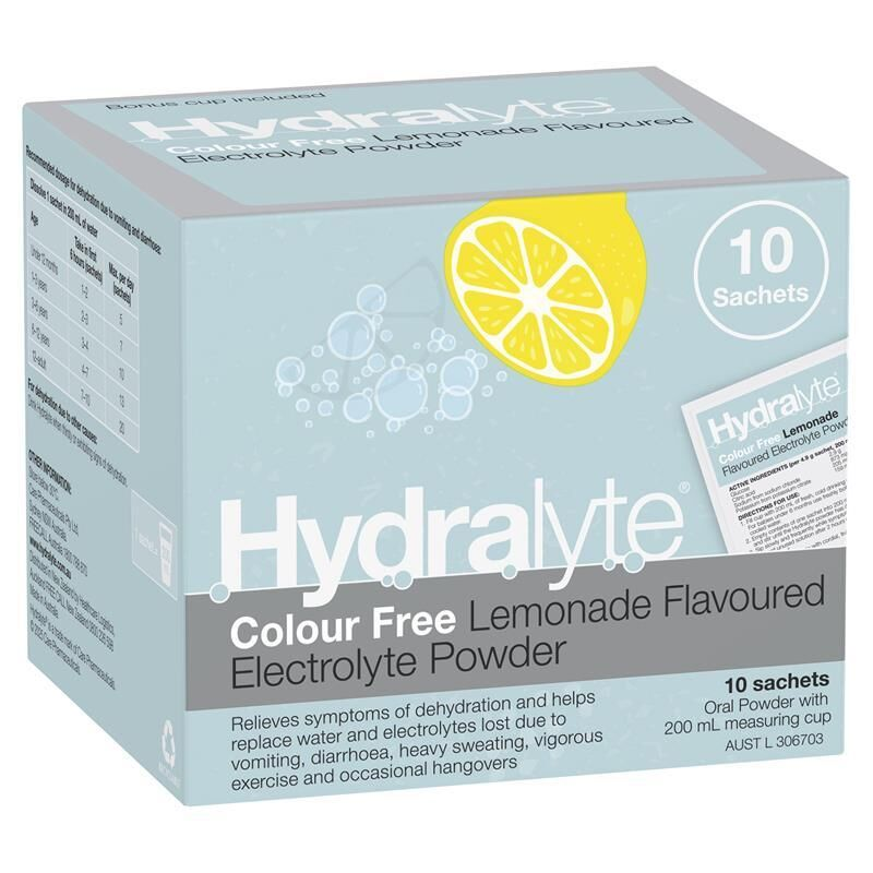 Hydralyte Colour Free Lemonade 10 Electrolyte Powder Sachets