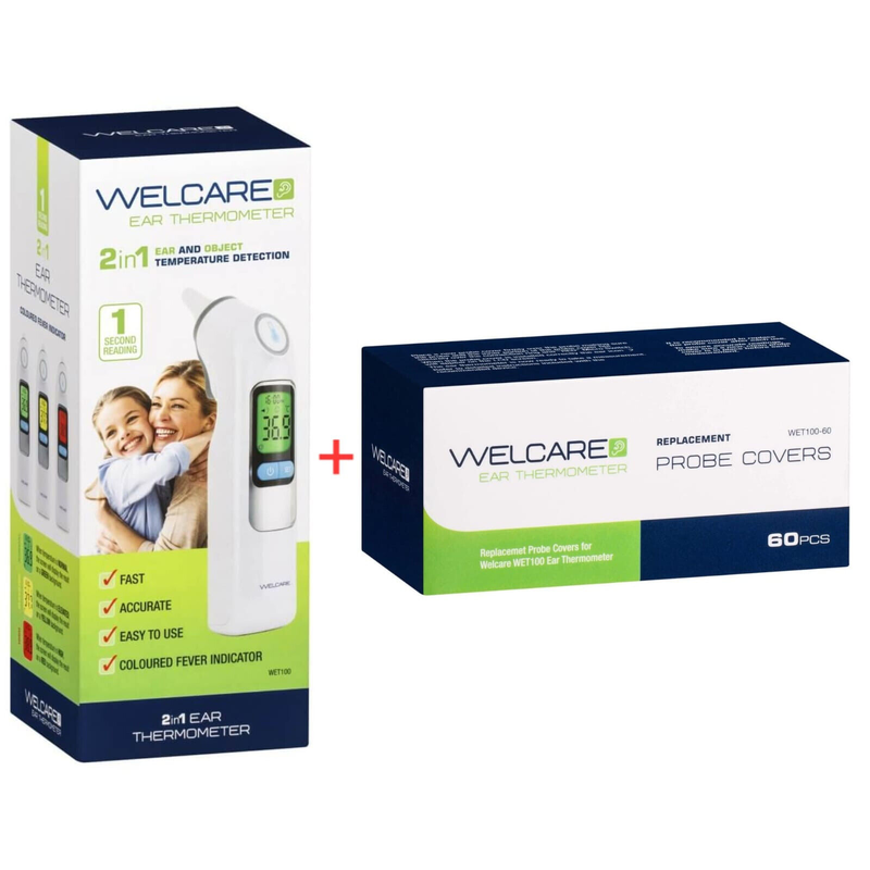 Welcare Ear Thermometer 2 in 1 + Welcare Thermometer Replacement Probe 60 Covers
