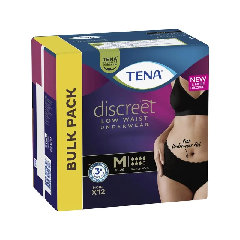 Tena Discreet Low Waist Underwear Black 12 Disposable Pants - Medium